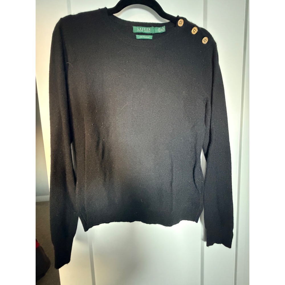 Lauren Ralph Lauren Black 100% Cashmere Button Shoulder Crew Neck Sweater Large